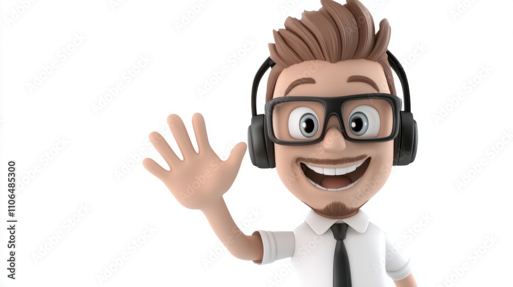 Cheerful 3D cartoon salesperson with a headset, waving hello, isolated on white
