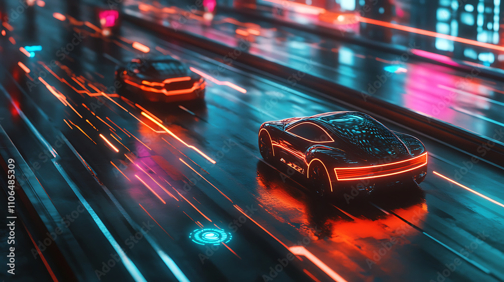 Self-driving cars on a road with visible connectivity Self-driving cars on a road with visible connectivity