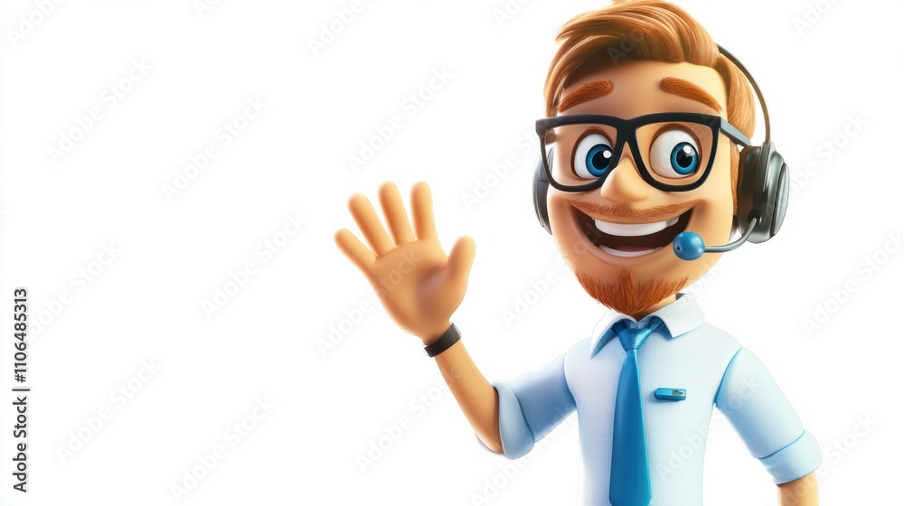 Cheerful 3D cartoon salesperson with a headset, waving hello, isolated on white Cheerful 3D cartoon salesperson with a headset, waving hello, isolated on white