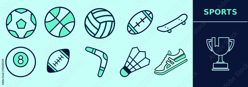 Fototapeta premium Sports LINE icon set for logo and digital work. Rugby, football, basketball, american football, skateboard, boomerang, sneakers. Editable elements, size and color.