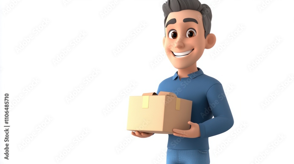 Friendly 3D cartoon salesperson holding a product box, with a welcoming smile on a white background Friendly 3D cartoon salesperson holding a product box, with a welcoming smile on a white background