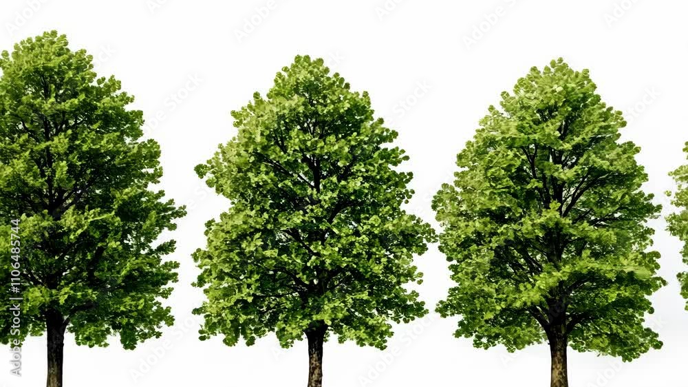Green trees arranged in a row with vibrant foliage against a plain background Green trees arranged in a row with vibrant foliage against a plain background