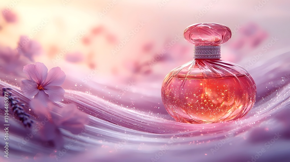 A bottle of perfume is on a pink background with flowers A bottle of perfume is on a pink background with flowers
