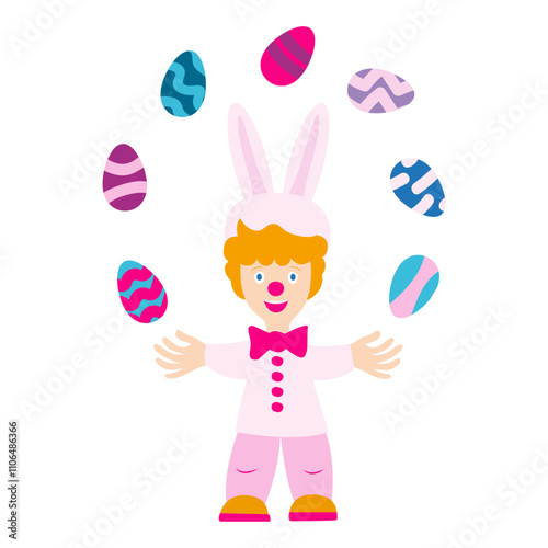 Clown juggling colorful Easter eggs Vector illustration Isolated on white background