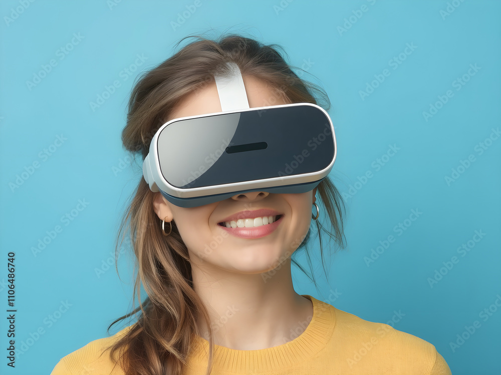 A woman wearing a virtual reality headset is smiling A woman wearing a virtual reality headset is smiling