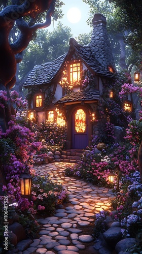 Enchanted fairy-tale cottage blooming garden illustration