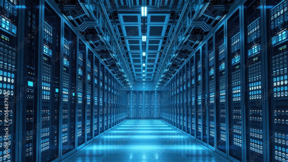 Obraz premium High-tech computer server farm with blinking lights, infrastructure, communication, hardware, network
