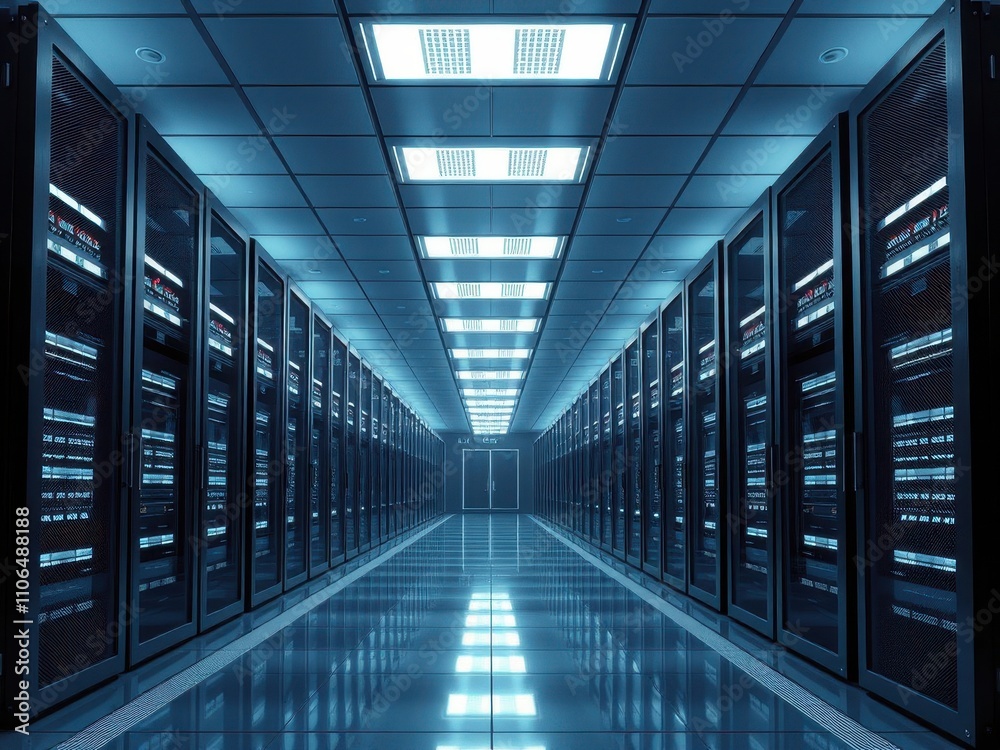 Fototapeta premium High-tech server room with rows of data servers, maintenance, storage