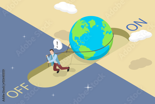 3D Isometric Flat Vector Illustration of Caring for Nature, Global Initiative To Promote Energy Conservation Through Earth Hour