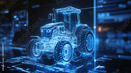 A blue light holographic display displaying an intricate industrial farm tractor schematic