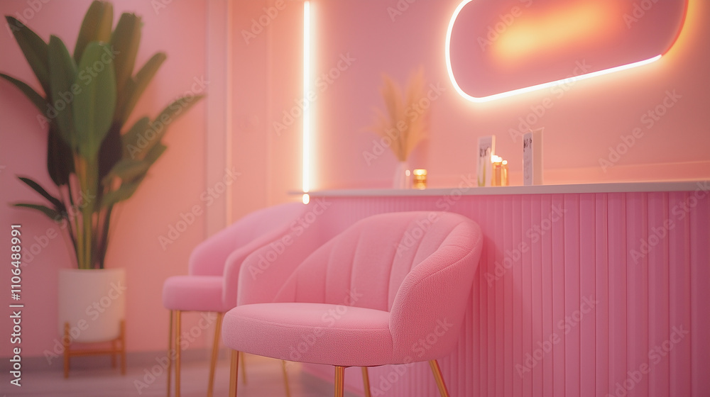 A pink waiting room with stylish seating and plants in a beauty salon, enhanced by warm neon lights, creates a glamorous and feminine atmosphere