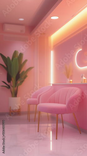 Obraz na płótnie A pink waiting room with stylish seating and plants in a beauty salon, enhanced by warm neon lights, creates a glamorous and feminine atmosphere w salonie
