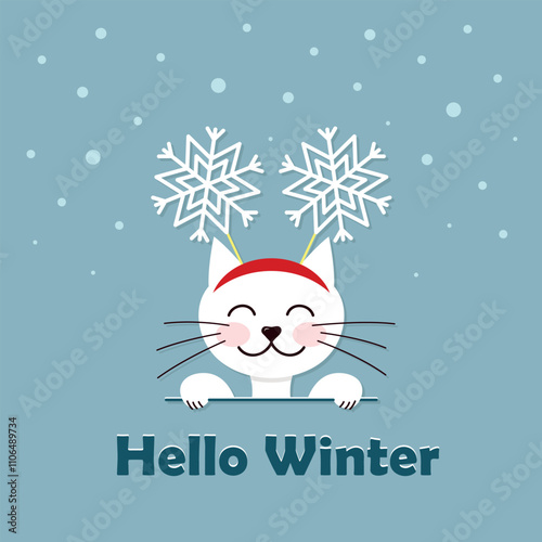 hello winter card, white kitty with snowflakes headband on, square vector illustration