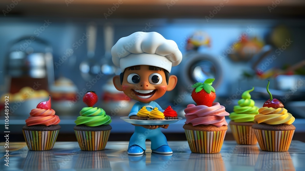 Happy cartoon chef boy holding tray of cupcakes in kitchen. Happy cartoon chef boy holding tray of cupcakes in kitchen.