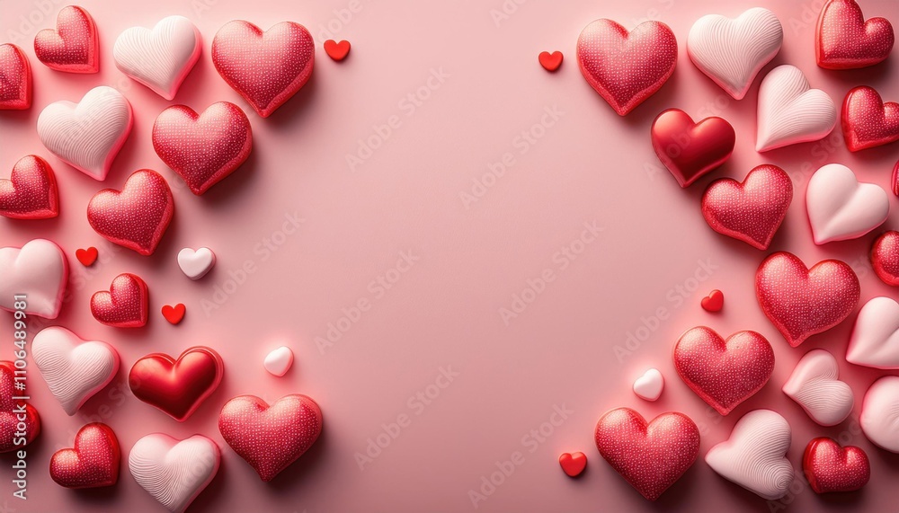 Hearts are scattered around a pink background with a pink background, frame , space for text Hearts are scattered around a pink background with a pink background, frame , space for text