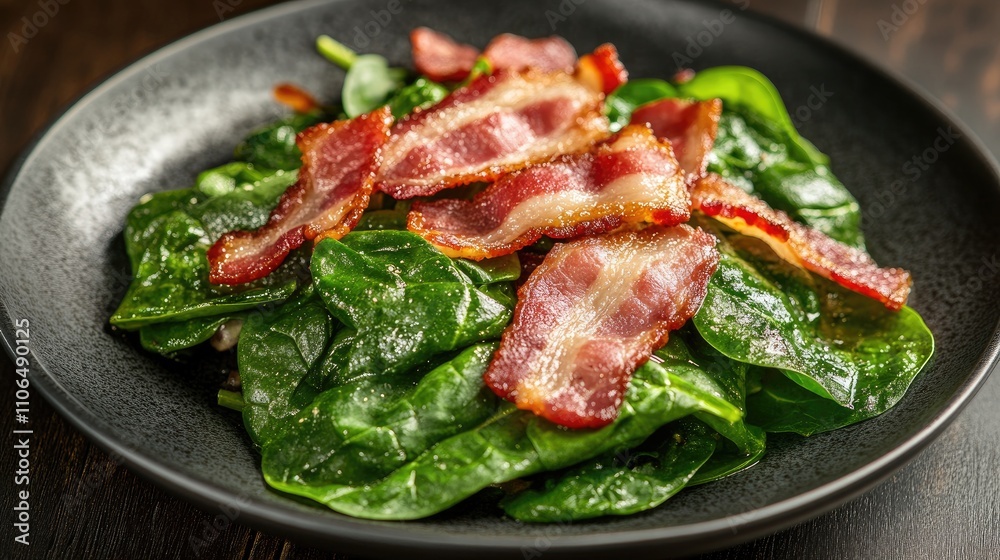 Fresh Spinach Salad with Crispy Bacon Strips on Black Plate Fresh Spinach Salad with Crispy Bacon Strips on Black Plate
