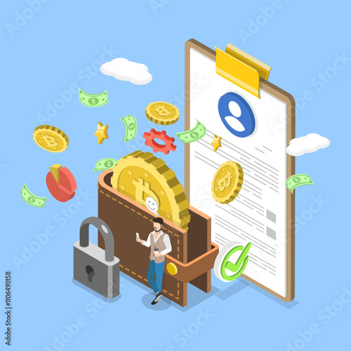 3D Isometric Flat Vector Illustration of Cashless Society, Digital Wallet, Cripto Currency