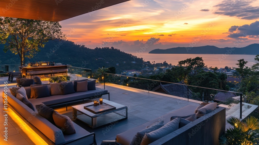 Fototapeta premium Sunset view from luxury patio with modern furniture.