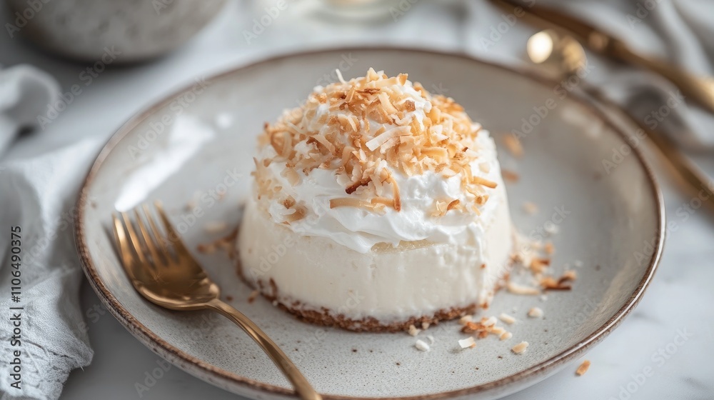 Creamy Coconut Dessert with Toppings on Elegant Plate Setting Creamy Coconut Dessert with Toppings on Elegant Plate Setting