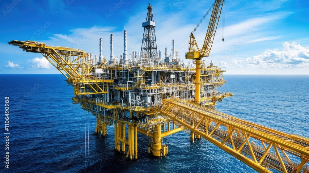 Offshore Oil Platform in Ocean with Blue Sky and Clouds Above