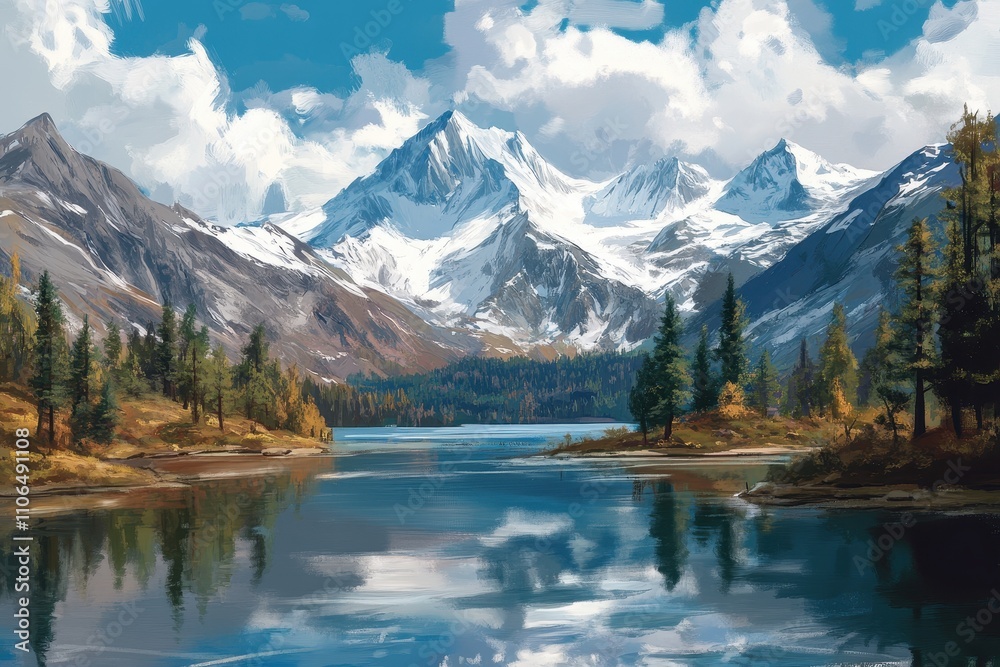 Naklejka premium Tranquil alpine lake surrounded by snow-capped mountains, lush greenery, and a clear blue sky