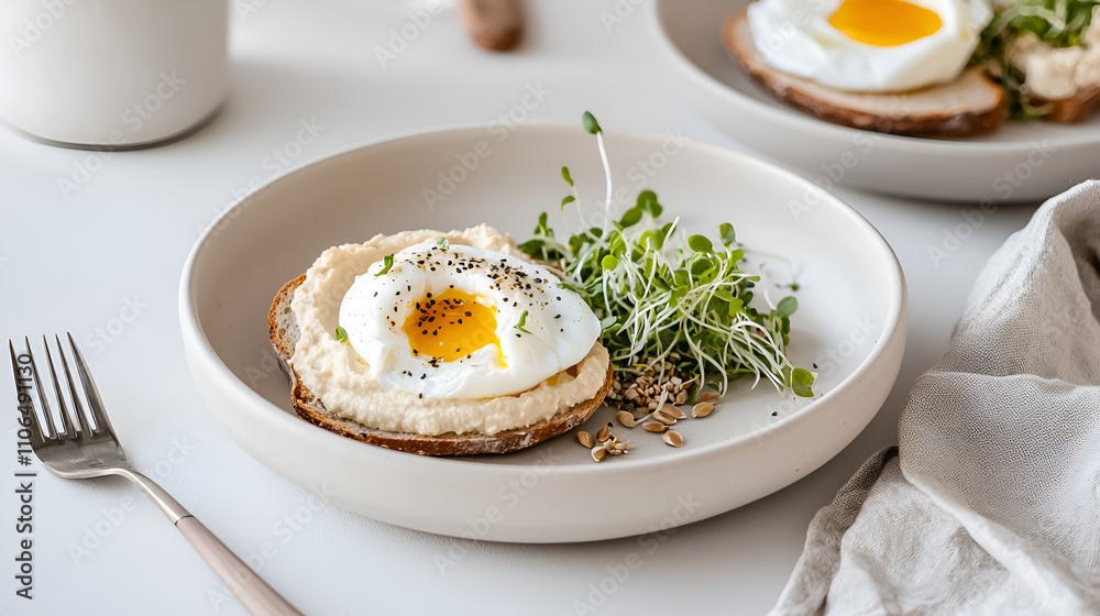 Creamy Breakfast Porridge with Soft-Boiled Eggs, Microgreens, and Mixed Seeds in Rustic Ceramic Bowl Creamy Breakfast Porridge with Soft-Boiled Eggs, Microgreens, and Mixed Seeds in Rustic Ceramic Bowl