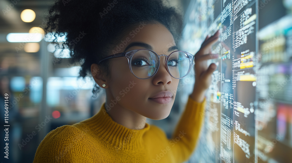 An African American woman with an intellectual demeanor, wearing glasses, is working with a touchscreen device focused on data analysis and business finance