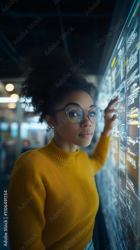 An African American woman with an intellectual demeanor, wearing glasses, is working with a touchscreen device focused on data analysis and business finance