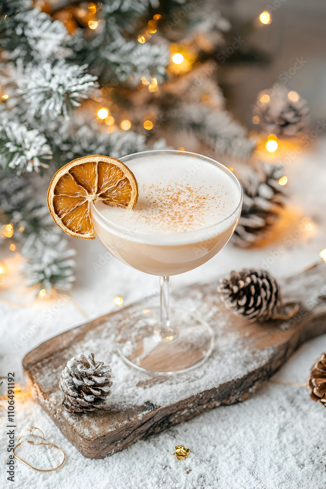 Festive Holiday Cocktail with Dried Orange Garnish on Wooden Board in a Cozy Christmas Setting Festive Holiday Cocktail with Dried Orange Garnish on Wooden Board in a Cozy Christmas Setting