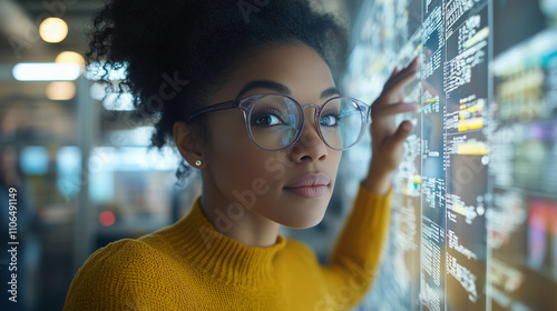 An African American woman with an intellectual demeanor, wearing glasses, is working with a touchscreen device focused on data analysis and business finance