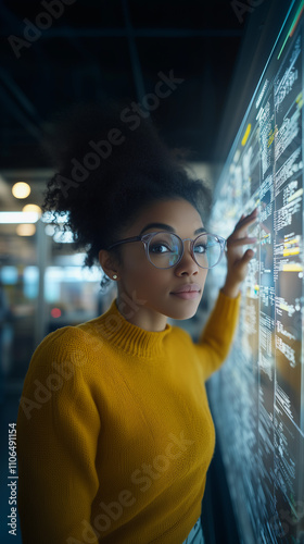 Obraz na płótnie An African American woman with an intellectual demeanor, wearing glasses, is working with a touchscreen device focused on data analysis and business finance w salonie