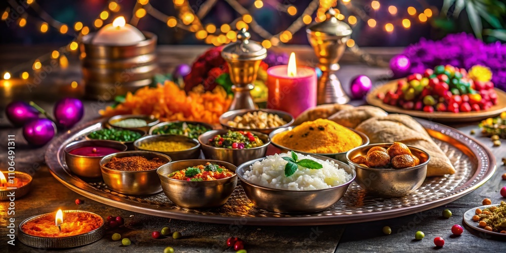 Fototapeta premium A Festive Indian Thali with Rice and Sweets Celebrating Cultural Traditions During a Vibrant Festival Scene