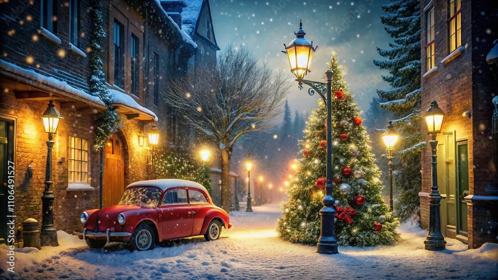 A Festive Red Car with a Lush Green Christmas Tree on Top, Captured in Low Light, Creating a Cozy and Joyful Holiday Atmosphere in a Winter Setting