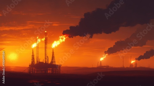 Industrial Oil Rig at Sunset with Flames and Smoke in the Sky