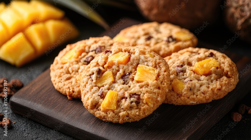 Delicious tropical fruit cookies with chocolate chips on wooden board Delicious tropical fruit cookies with chocolate chips on wooden board