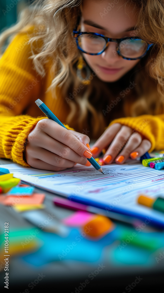 A close-up shot of a woman's hands writing and taking notes on a sheet with graphs and study annotations at home emphasizes the dedication to work and learning