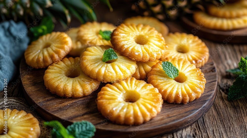 Fresh Pineapple Cookies on Rustic Wooden Plate with Mint Leaves Fresh Pineapple Cookies on Rustic Wooden Plate with Mint Leaves