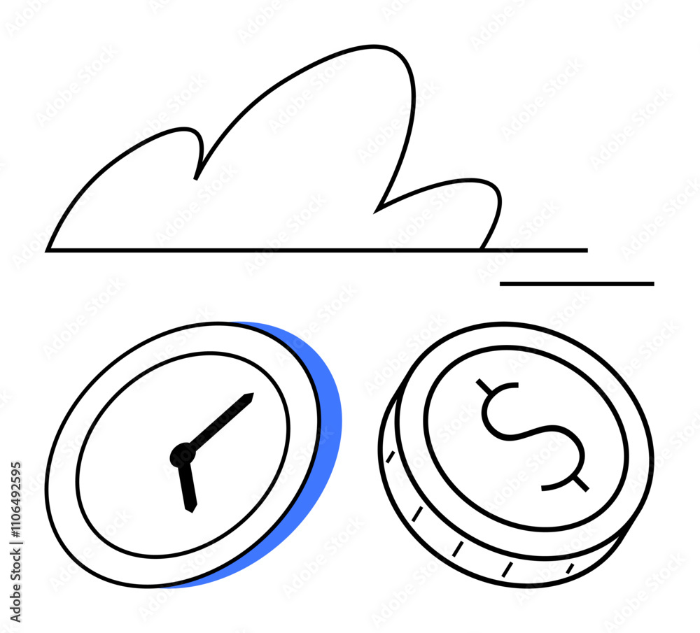Clock and coin placed below a cloud. Ideal for financial planning, time management, productivity, work-life balance, savings, investments, and business strategy. Line metaphor Clock and coin placed below a cloud. Ideal for financial planning, time management, productivity, work-life balance, savings, investments, and business strategy. Line metaphor