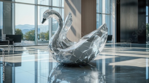 Crystal swan sculpture in modern lobby. photo