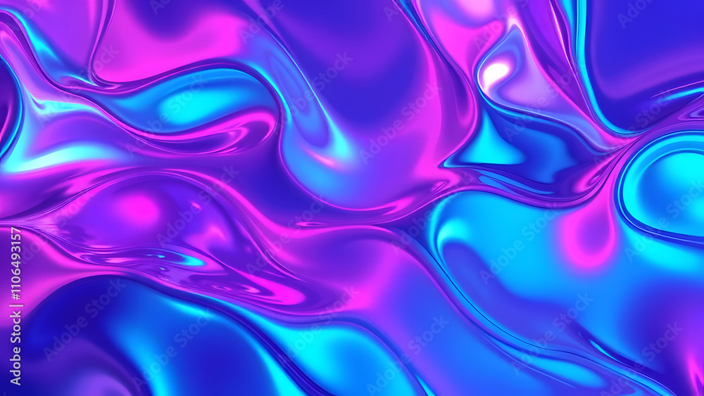 A futuristic chrome background with liquid-like reflections in neon pink, blue, 