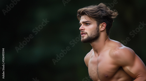 fit man running outdoors with focused expression, showcasing athleticism and determination. His muscular physique and flowing hair add to dynamic energy of scene.