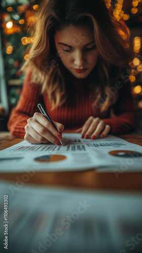 Obraz na płótnie A close-up shot of a woman's hands writing and taking notes on a sheet with graphs and study annotations at home emphasizes the dedication to work and learning w salonie