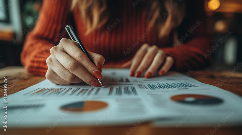 A close-up shot of a woman's hands writing and taking notes on a sheet with graphs and study annotations at home emphasizes the dedication to work and learning
