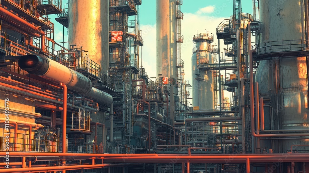 Detailed View of Industrial Plant with Pipes and Tanks at Sunset Detailed View of Industrial Plant with Pipes and Tanks at Sunset