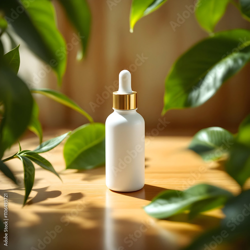 White dropper bottle mock-up with green leaves on a wooden surface