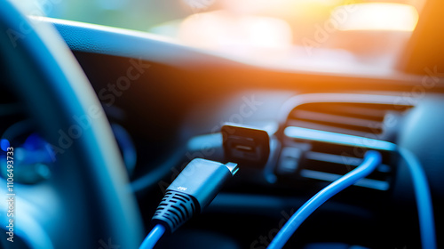 A USB adapter converter plug with a charging cable inside a car photo