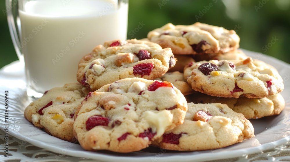 Freshly Baked Cookies with Glass of Milk on Elegant Plate Freshly Baked Cookies with Glass of Milk on Elegant Plate
