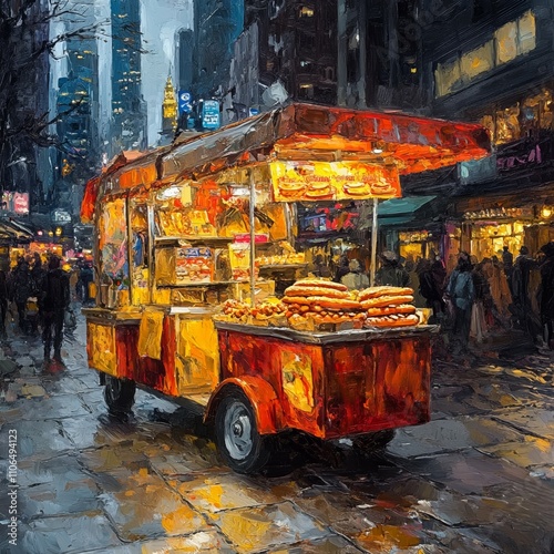 Urban Street Food Cart in a City at Night, Oil Painting Style photo