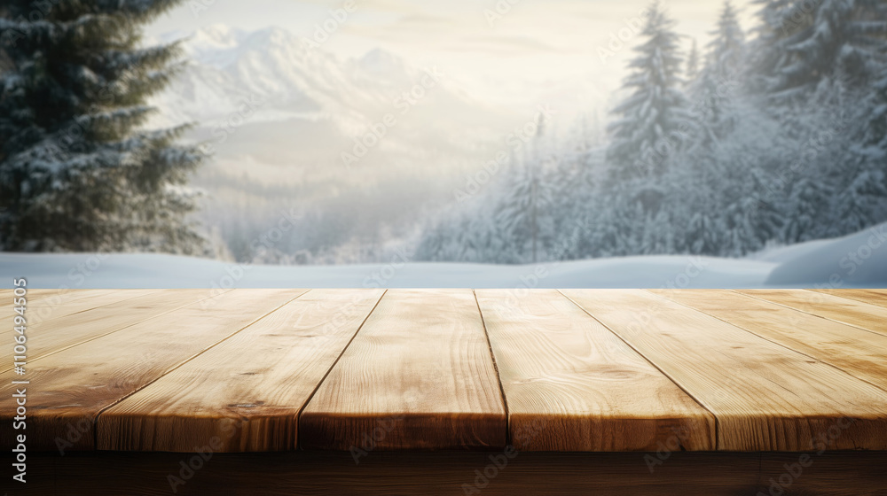 Empty copy space wooden minimalist table placed outdoors with winter panorama in the background Empty copy space wooden minimalist table placed outdoors with winter panorama in the background