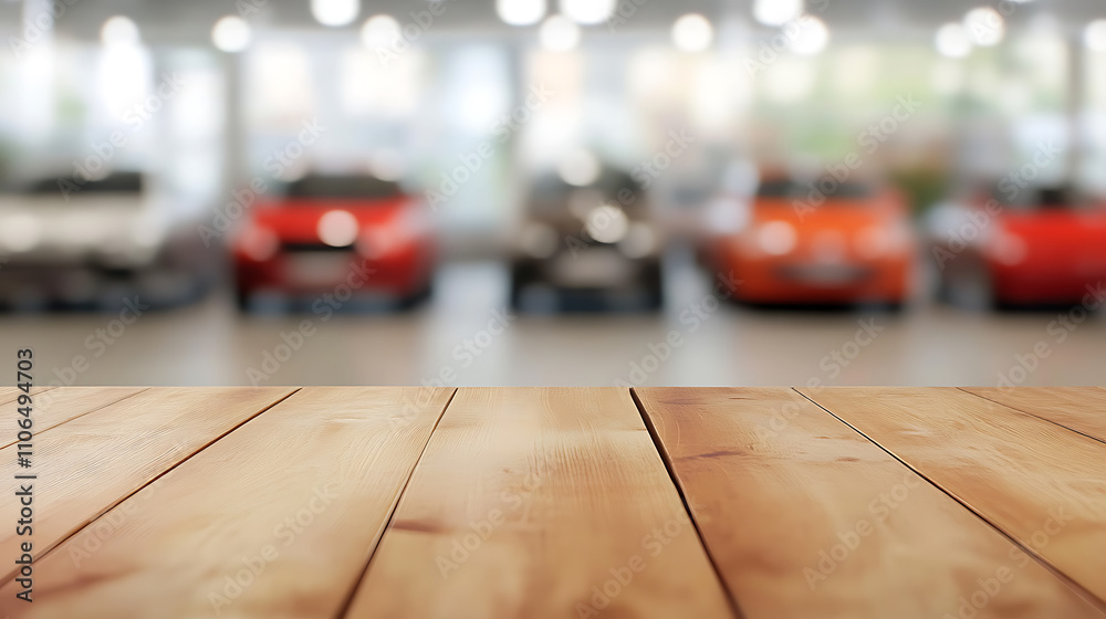 Obraz premium Empty wood table top with cars in showroom blurred defocused background